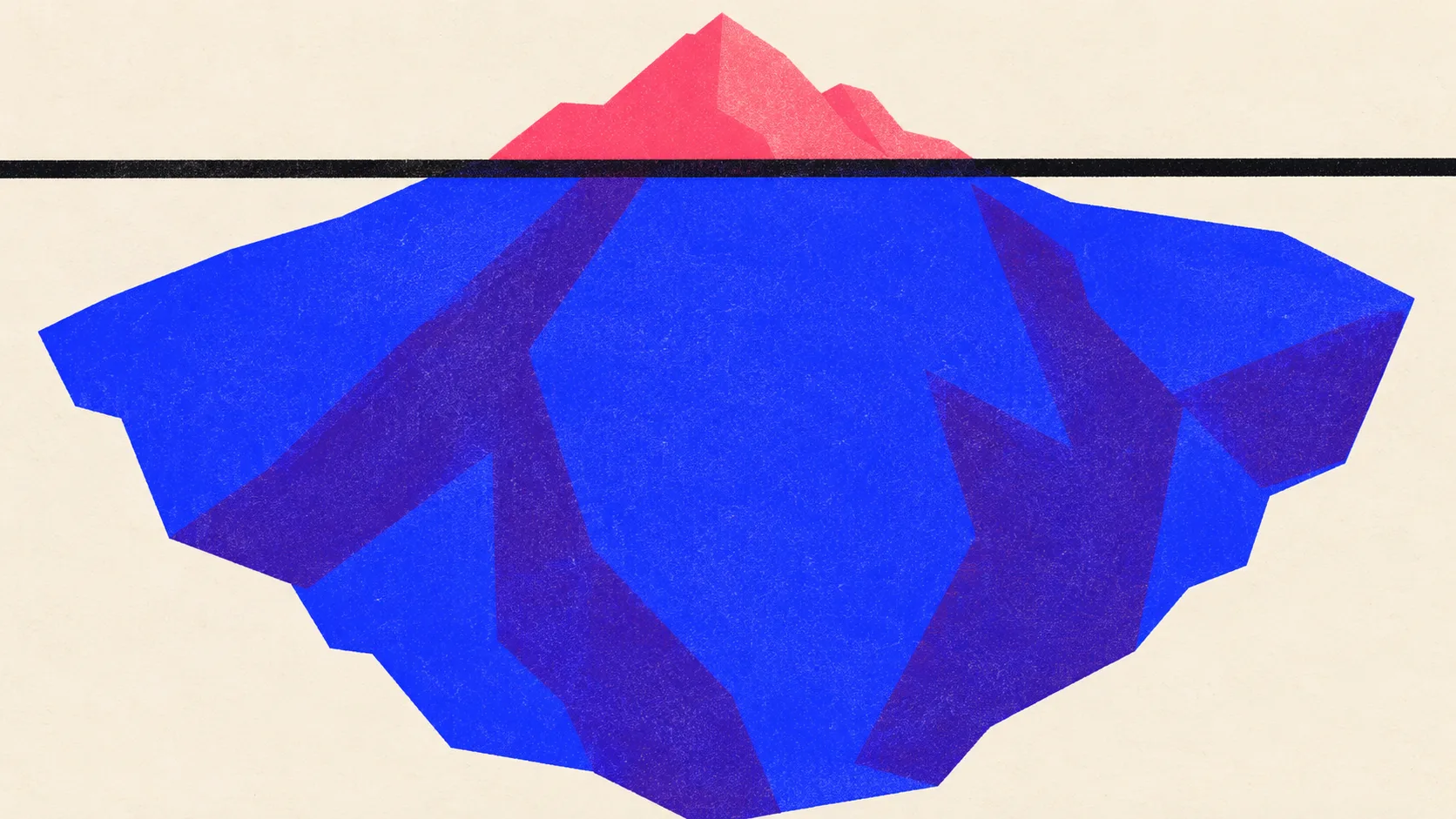 Editorial illustration: an iceberg with a small tip above the waterline and a far larger mass below it, standing for the small part of SEO that AI changed and the large part that stayed