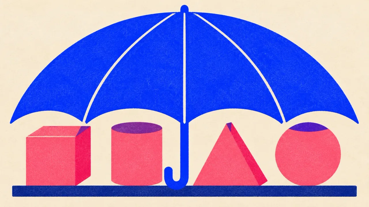 Editorial illustration: one open umbrella sheltering four different shapes, standing for one practice that goes by several names