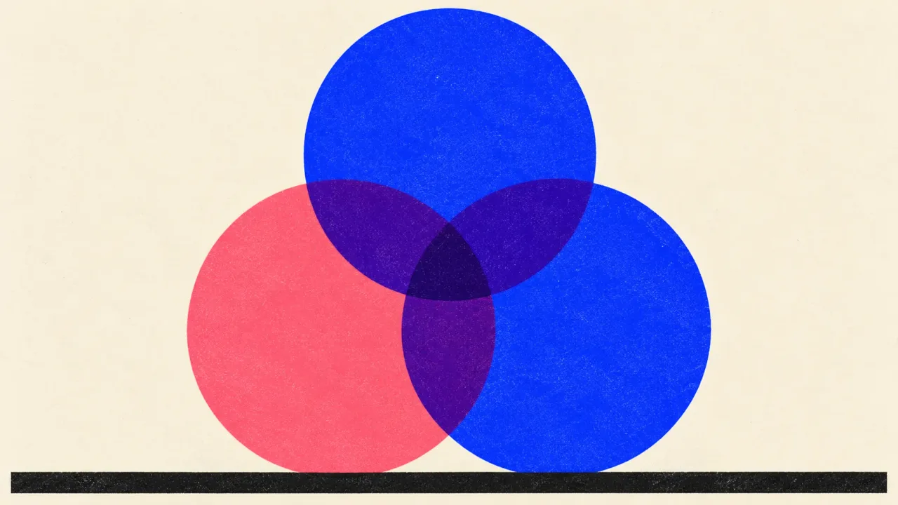 Editorial illustration: three overlapping discs with the darkest ink where all three meet, standing for names like GEO, AEO and LLMO sharing one core