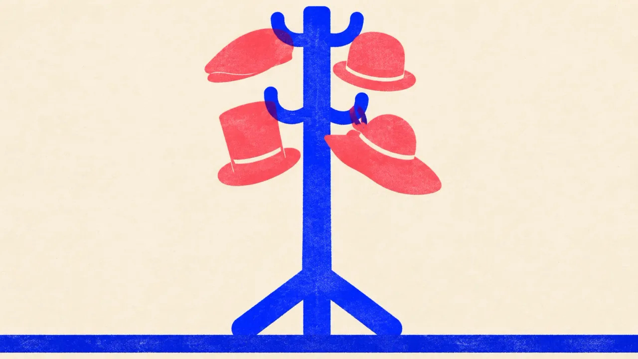 Editorial illustration: one coat stand holding four different hats, standing for the same work sold under different names