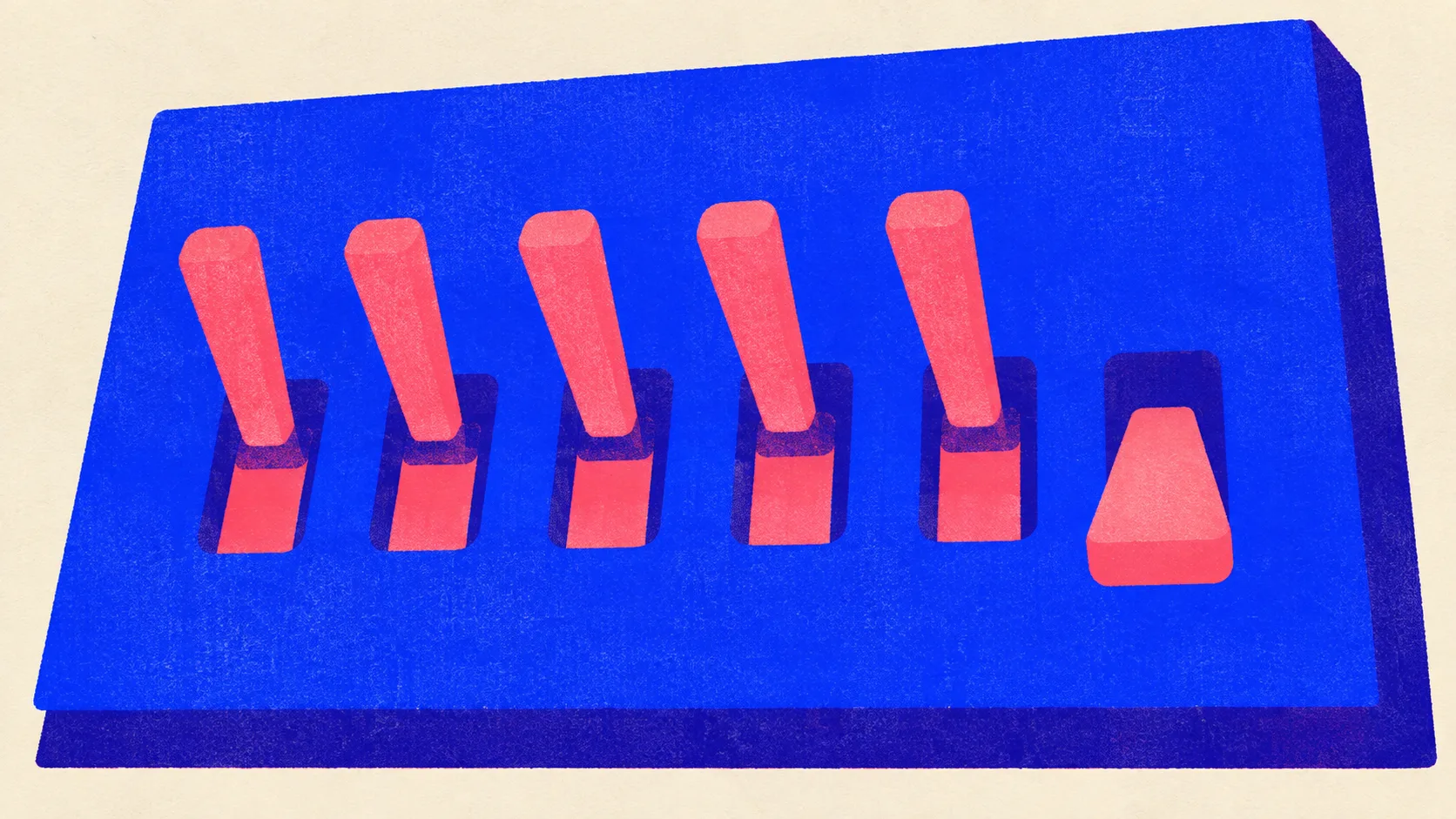 Editorial illustration: a heavy control panel with six lever switches across it, five pushed up and the last one dropped flat down