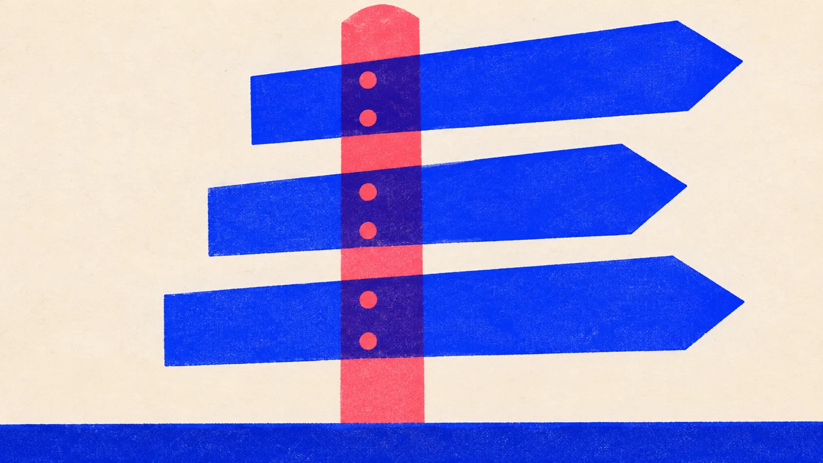 Editorial illustration: a signpost mast with three long address plates bolted across it at different heights, all pointing the same way