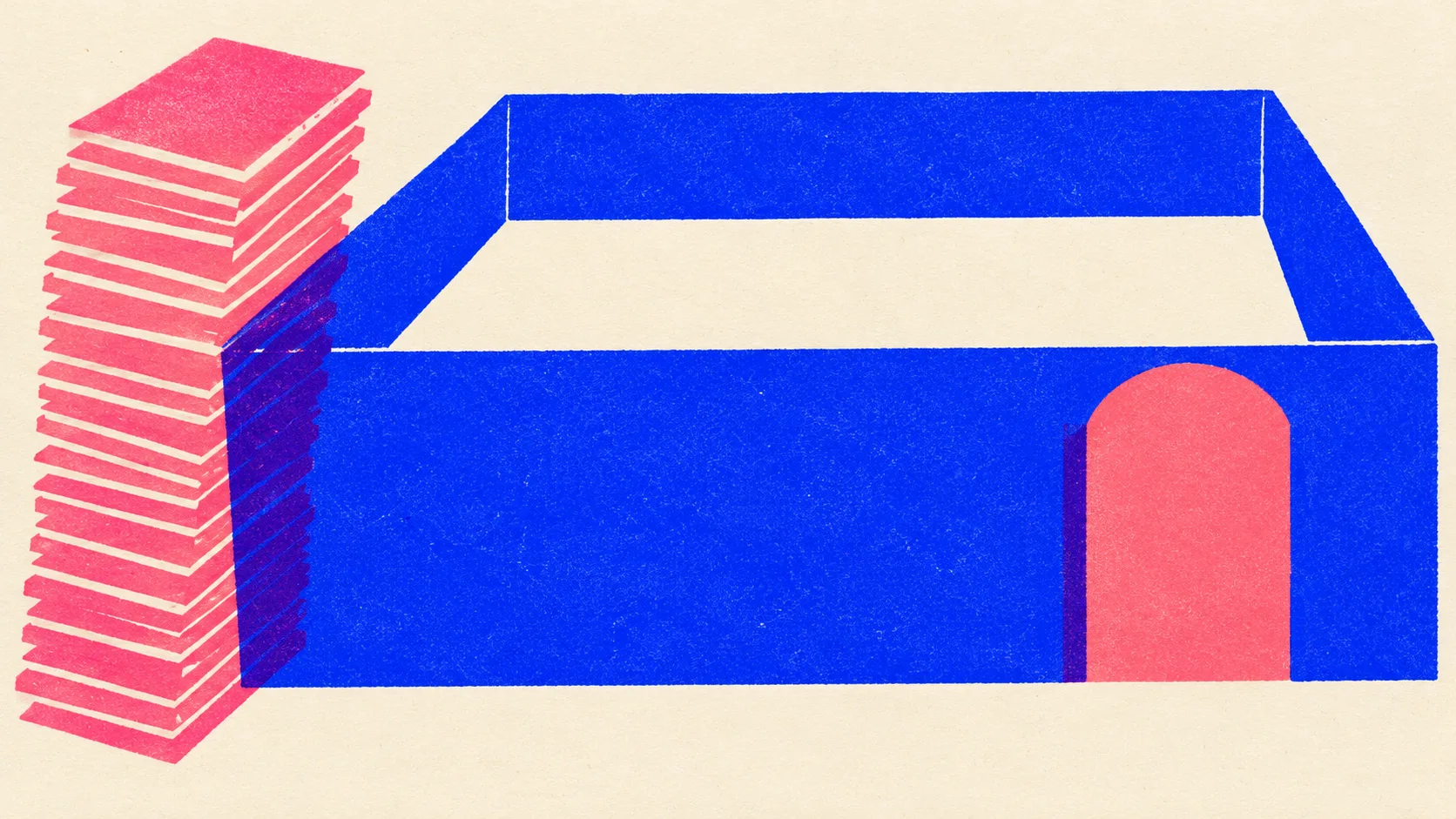 Editorial illustration: a walled yard with a single gate, and a tall stack of page plates left standing outside the wall