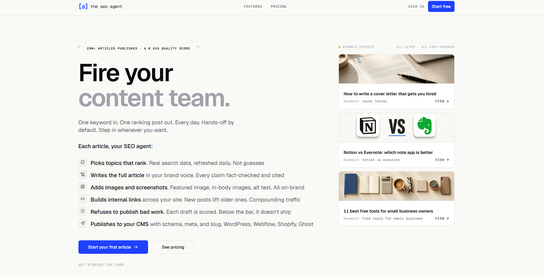 The SEO Agent homepage screenshot