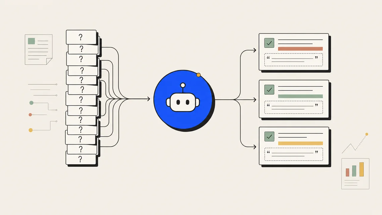 Illustration of a queue of question tiles feeding an agent node that emits finished answer cards.