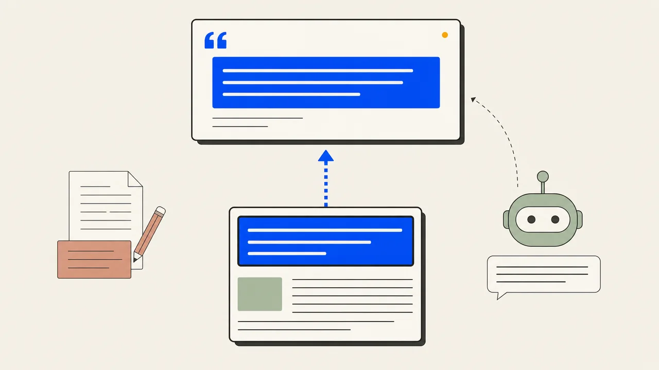Illustration of the top block of an article card being lifted whole into an answer panel above it.