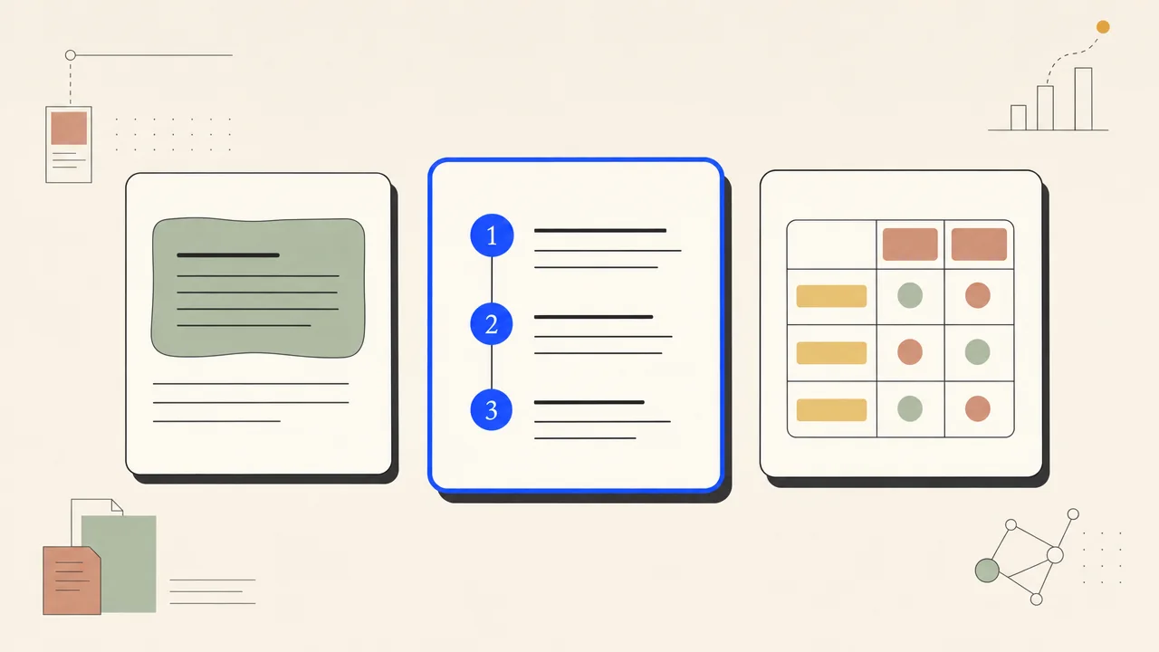 Illustration of three answer formats side by side: a definition block, a numbered step column, and a small comparison grid.