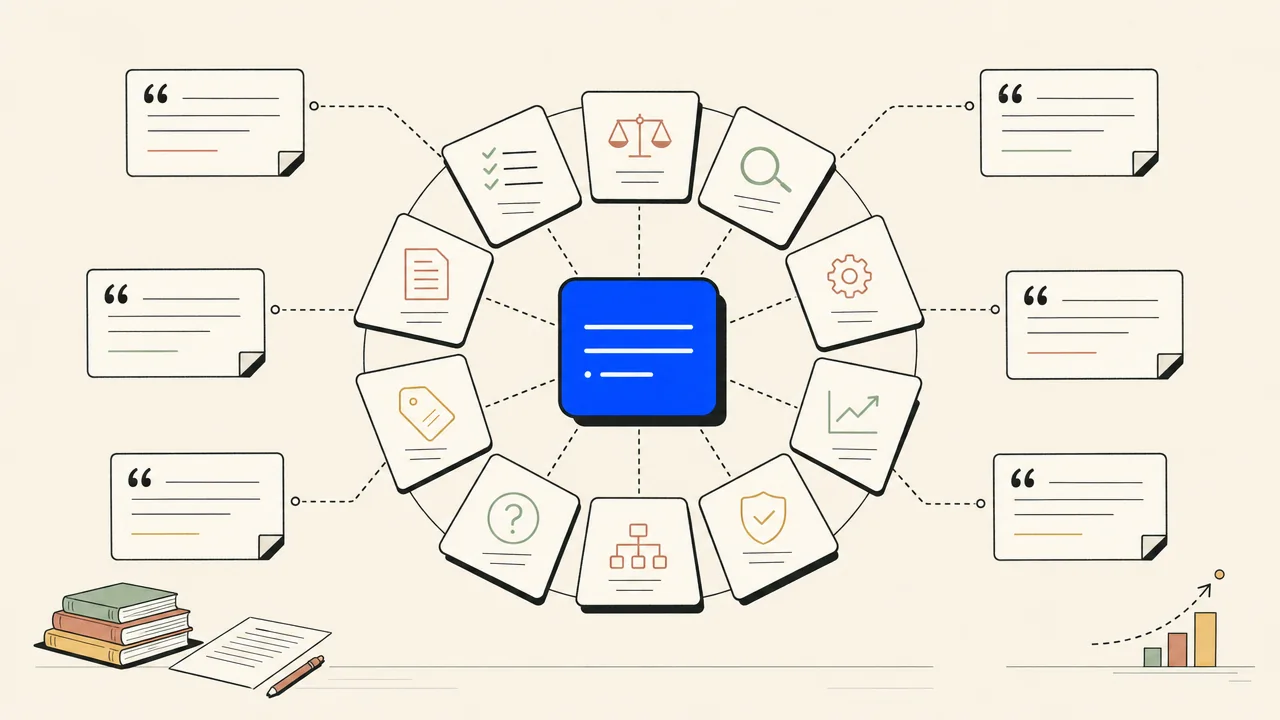 Illustration of a topic wheel of answer tiles filling in around a central brand chip with citation marks radiating outward.
