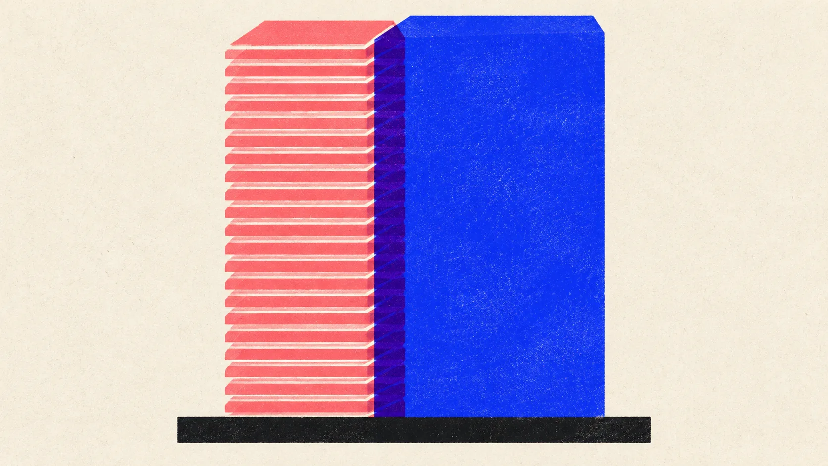 Illustration of a tall tower of thin stacked tiers standing beside one single thick slab of the same height.