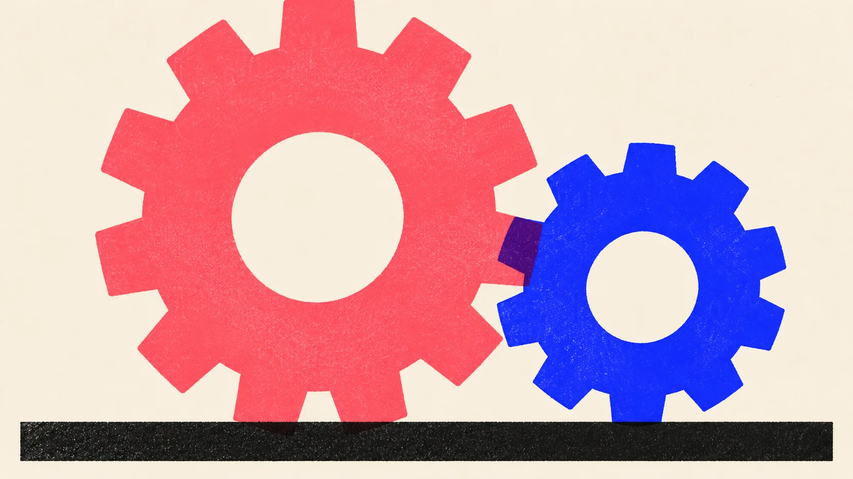 Illustration of one large cog wheel meshing with a second smaller cog wheel at the centre of the frame.