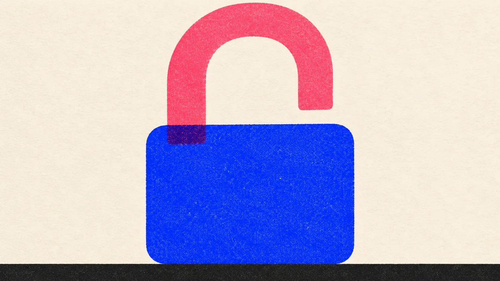 Illustration of an oversized padlock body with its thick shackle swung fully open above it.