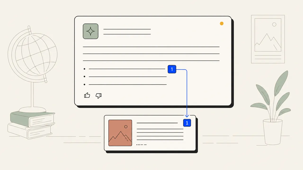 Illustration of an AI chat answer panel with a citation chip connected back to an article tile.