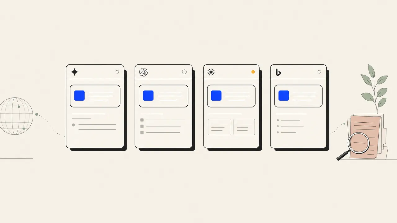 Illustration of four abstract answer-engine windows each showing the same small brand chip.