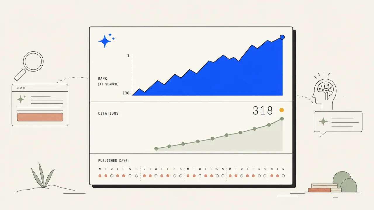 Illustration of a rank sparkline and citation counter climbing above a calendar strip of daily publish dots.