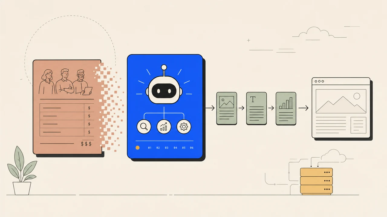 Illustration of an agency retainer invoice dissolving into a flat-fee service panel that ships articles to a browser window.