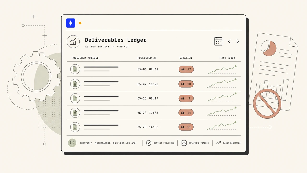 Illustration of a service dashboard listing published articles, each row with a timestamp, citation badge, and rank sparkline.