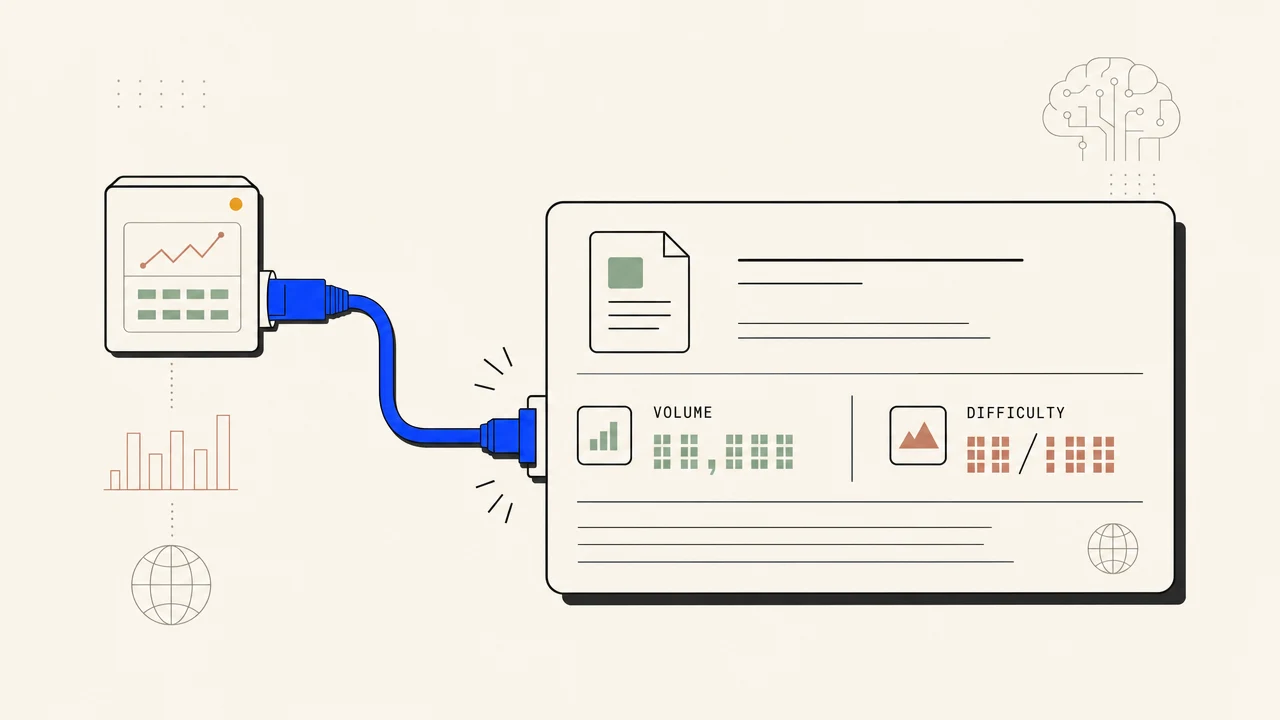 Illustration of a live data feed plugging into an article brief card carrying volume and difficulty blocks.