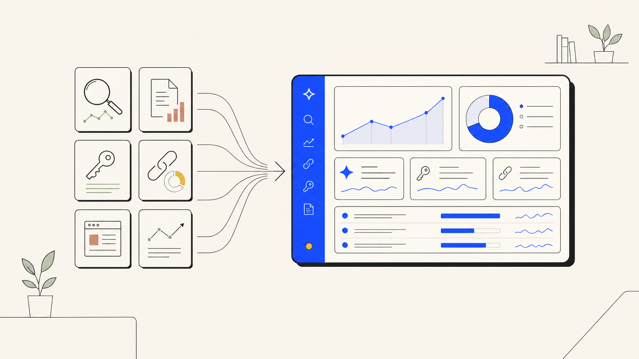 Diagram of a live keyword data API returning monthly volume, difficulty, and cost-per-click into an article brief.