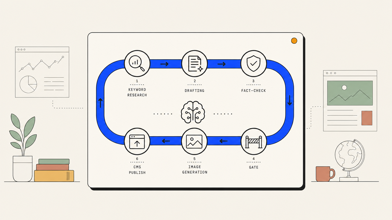 Illustration of a closed-loop pipeline with research, draft, verify, gate, and publish stages flowing into each other.