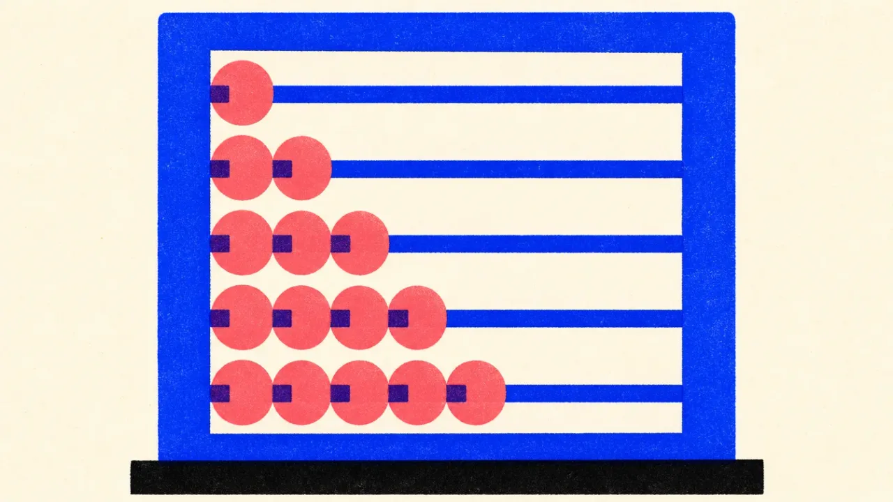 Riso illustration of a cobalt abacus with coral beads counted out along five rods, standing for measured search volume.