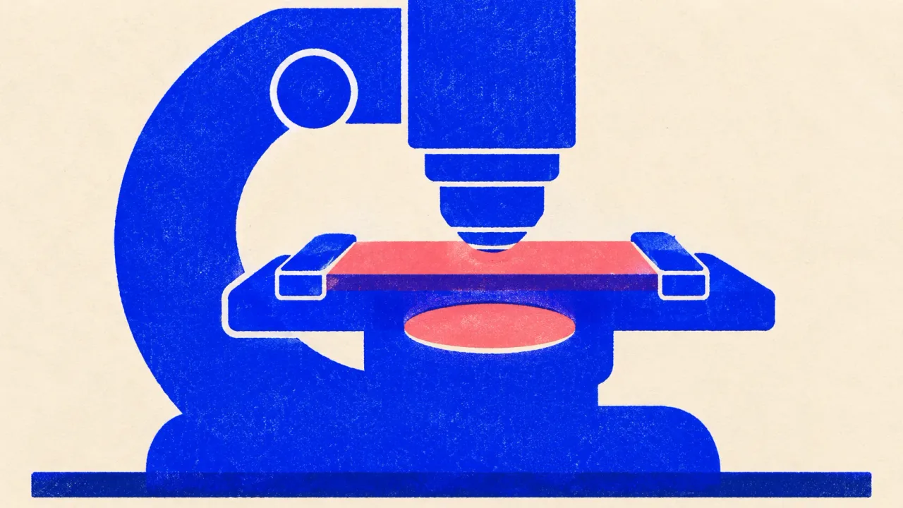 Riso illustration of a cobalt microscope examining a single coral slide, standing for the fact-check pass.