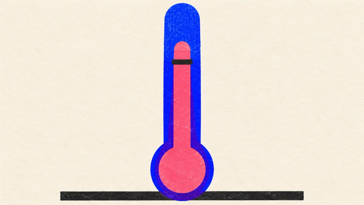 Riso illustration of a cobalt thermometer whose coral column has risen past a single threshold notch, standing for the quality score.
