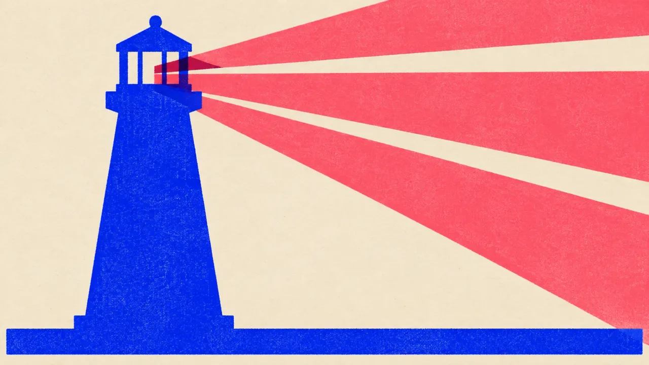 Riso illustration of a cobalt lighthouse throwing three coral beams across the frame, standing for pages that search and AI crawlers can find.