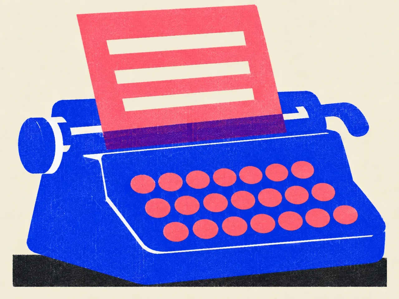Riso illustration of a cobalt typewriter with plain coral keys and a coral sheet rising from the roller, standing for an AI SEO writer.