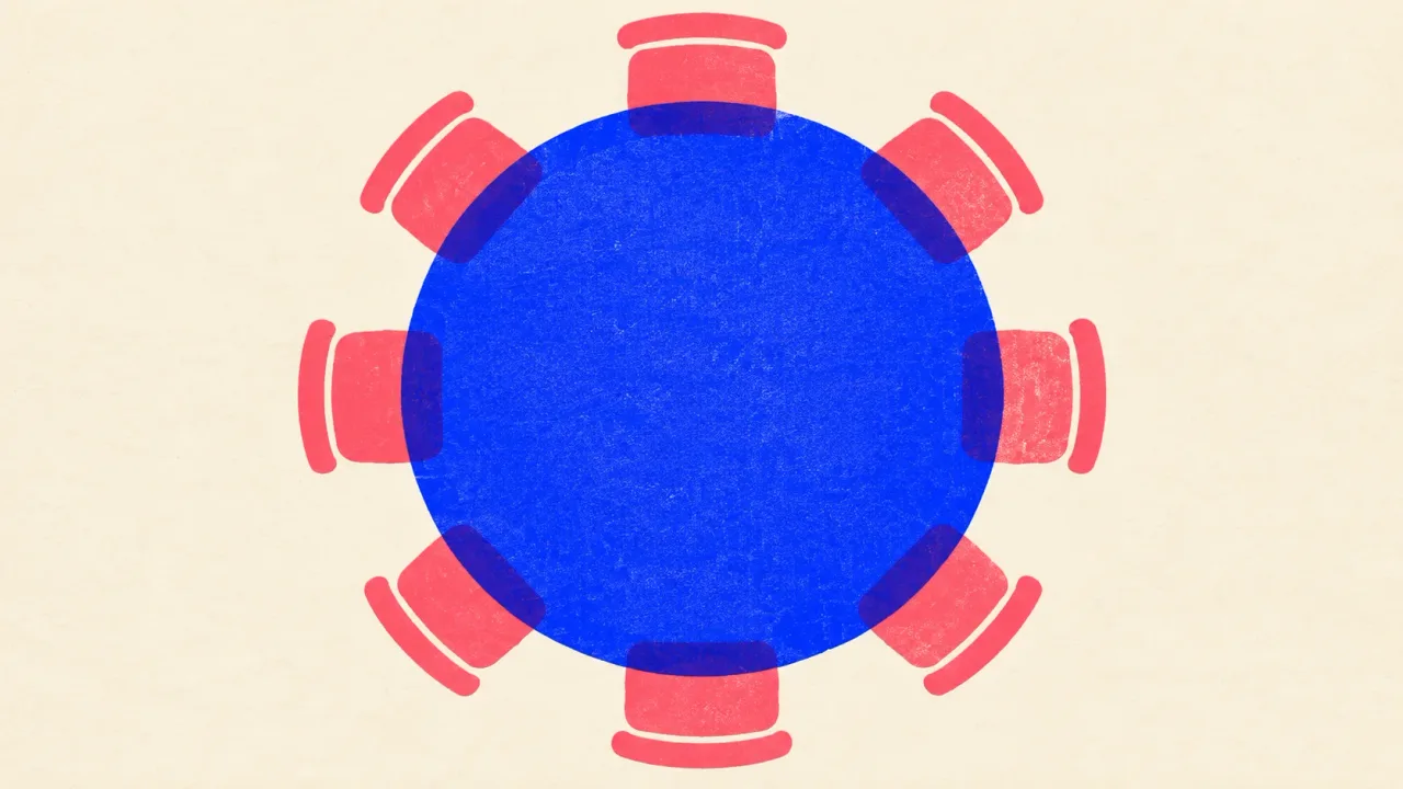 Illustration of a round meeting table seen from above with eight empty chairs spaced evenly around it.