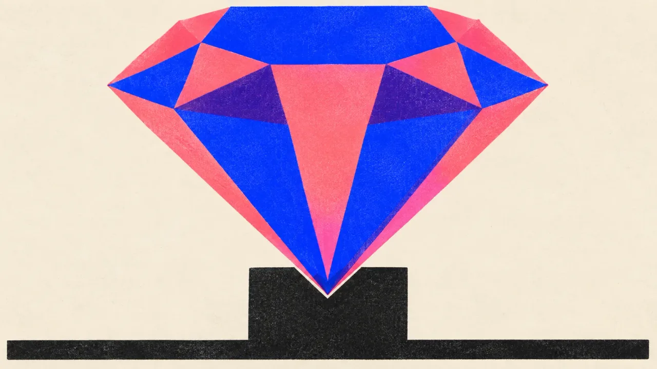 Illustration of a large cut gemstone resting point-down on a short black plinth.