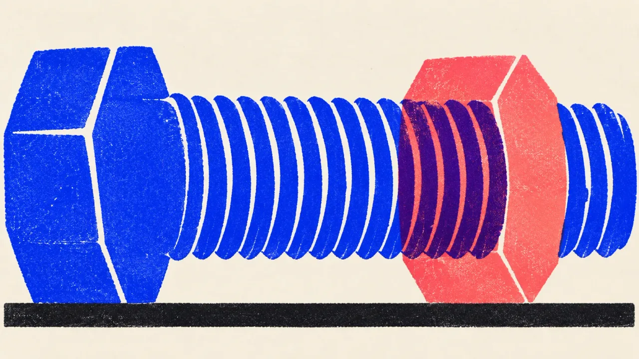 Illustration of a large hexagonal bolt lying flat with a nut threaded onto its shank.