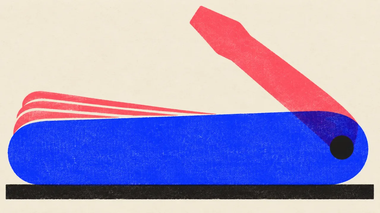 Illustration of a folding pocket multi-tool lying flat with one implement swung open and the rest tucked away.