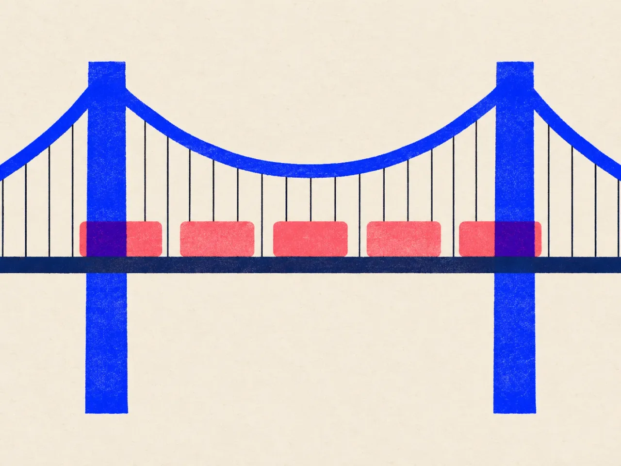 Diagram of a long suspension bridge with a line of blocks travelling across its deck from one side to the other.