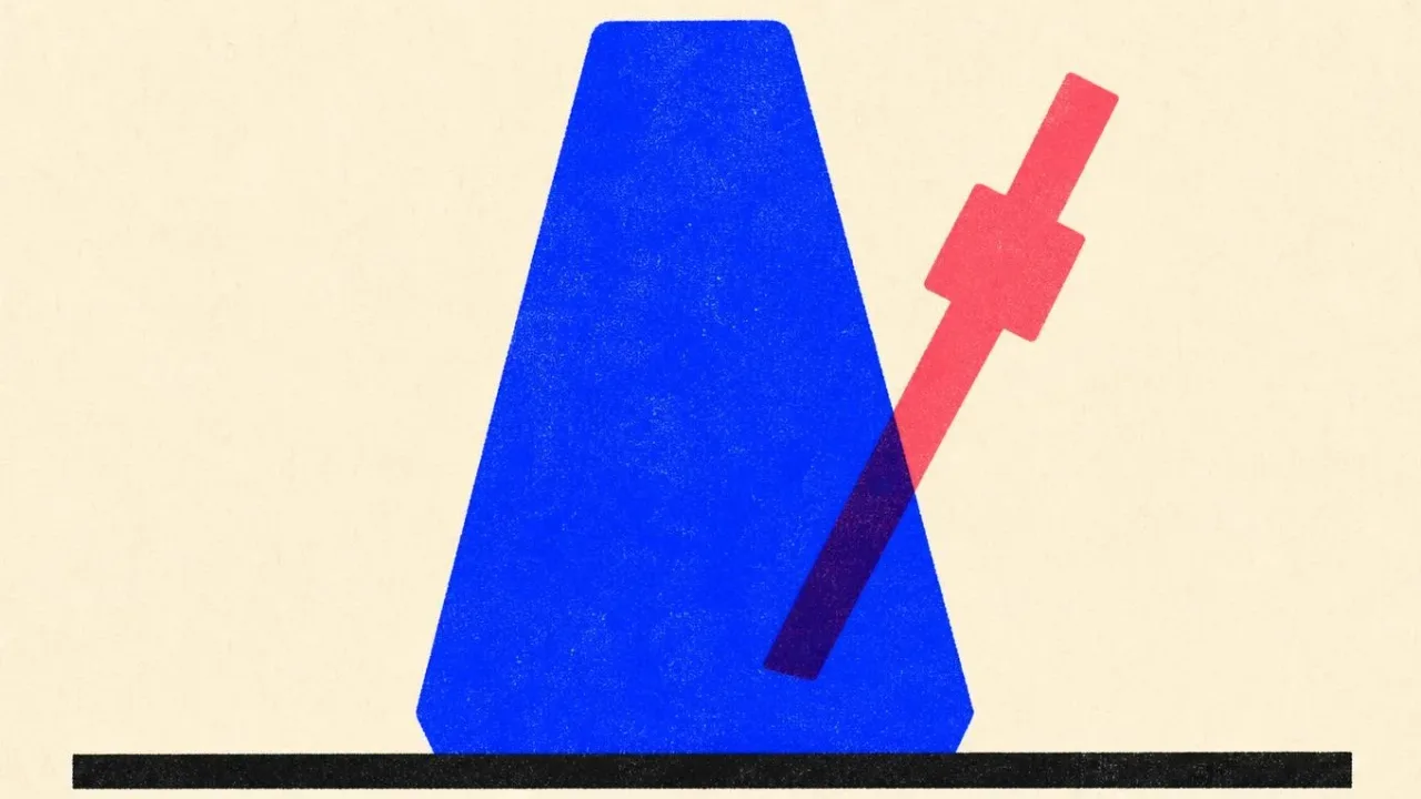 Illustration of a metronome with its weighted pendulum arm swung out to one side.