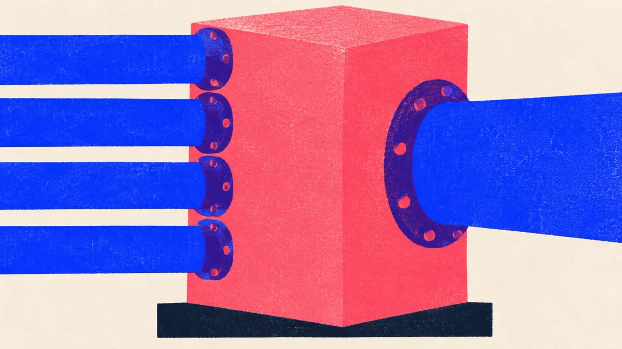 Illustration of four pipes feeding into one junction block with a single wide pipe leading out.