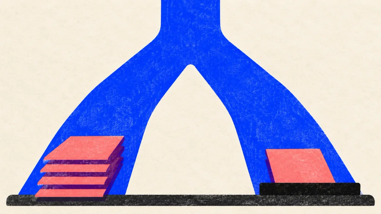 Illustration of a forked chute: a stack of panels lands on one side while a single panel waits at a stop bar on the other.