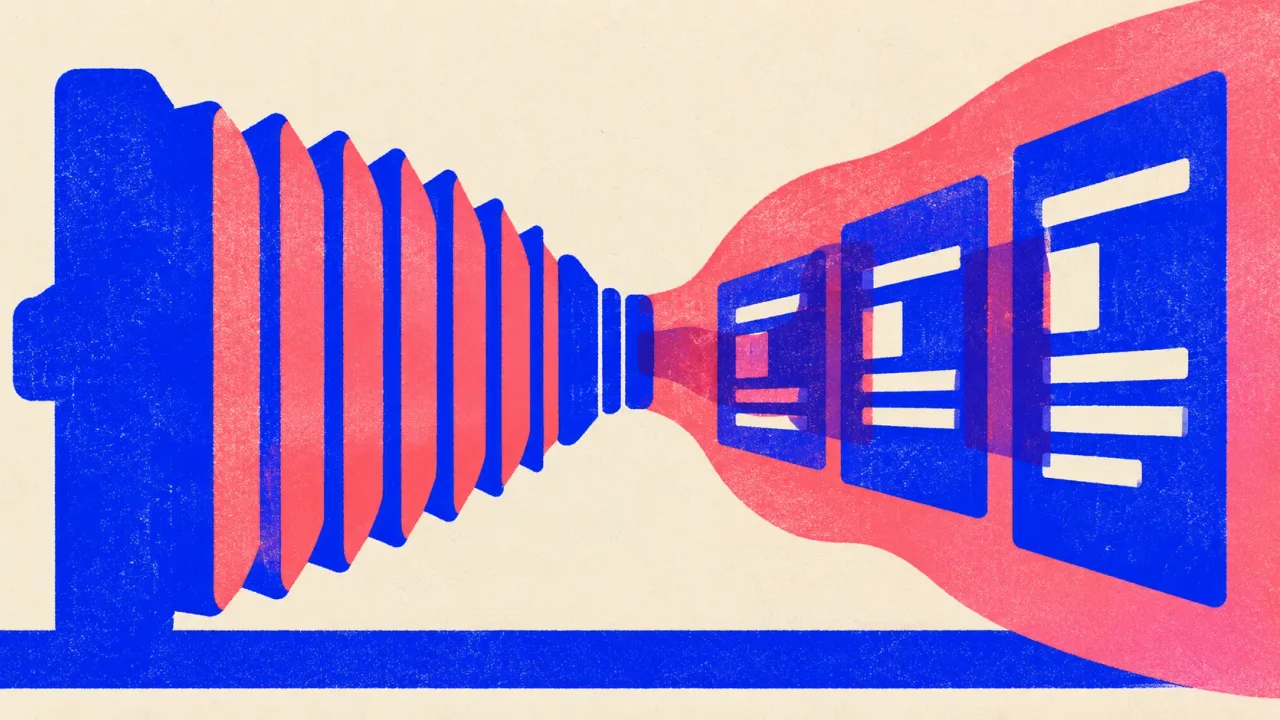 Illustration of a pleated bellows pushing a plume that carries three panels out to the right.