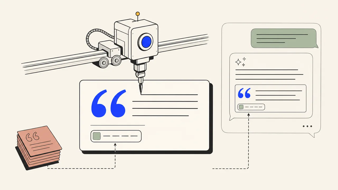 Illustration of an autonomous agent node writing an article tile carrying a quotation mark and a cited-source chip.