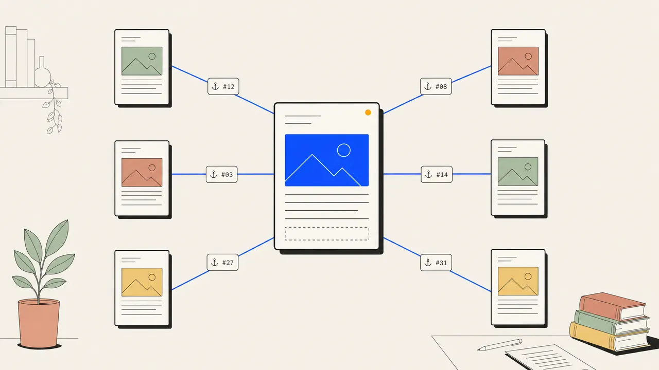Diagram of a new article selecting relevant destinations from a bounded pool of existing site URLs.