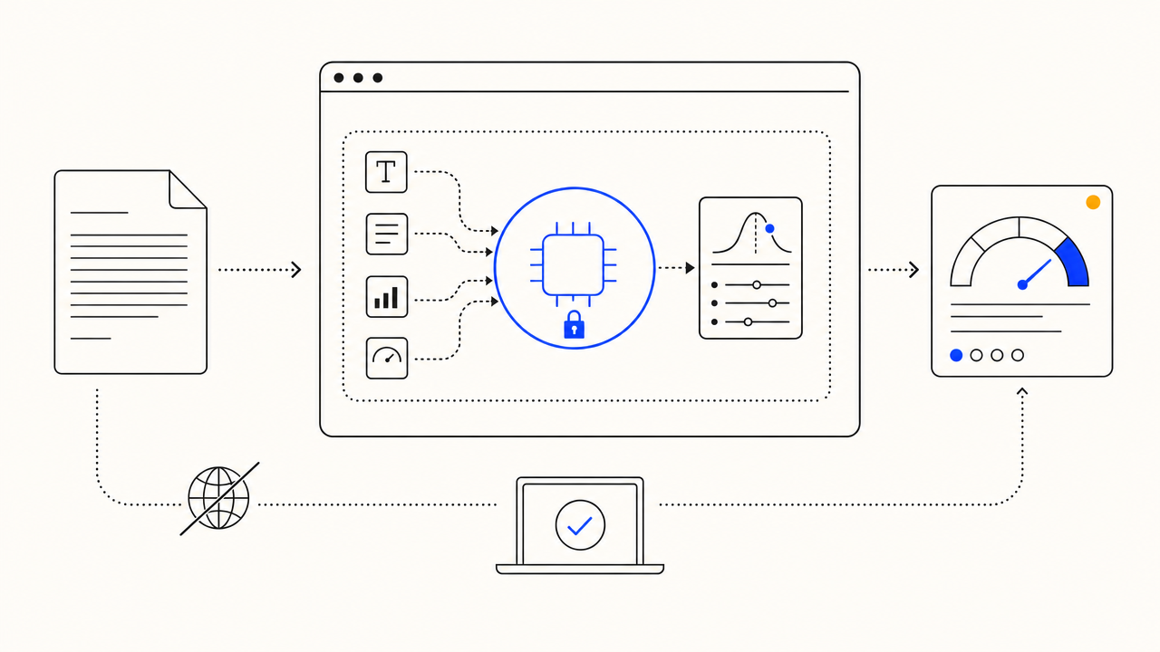 Illustration of a browser window containing the entire computation pipeline, no server icon present, cobalt accent on the local-only badge.