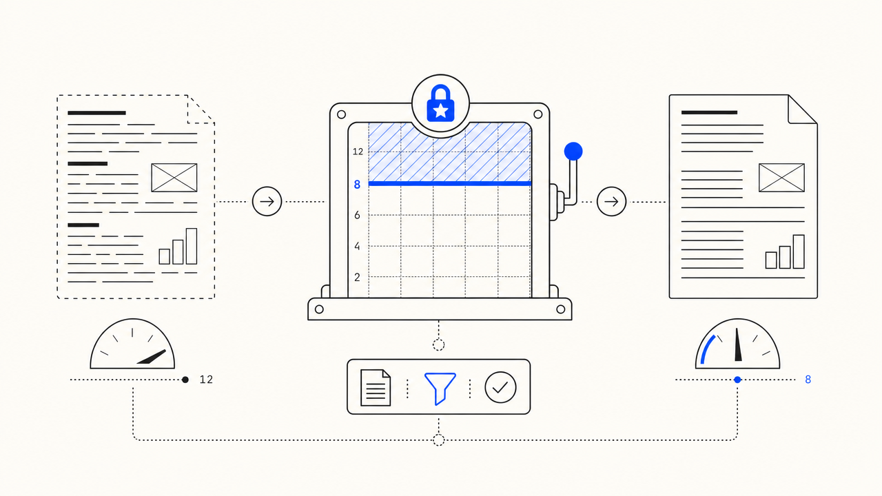 Diagram of a quality-gate stage filtering article tiles by grade level, the gate outlined in cobalt within a longer publishing pipeline.