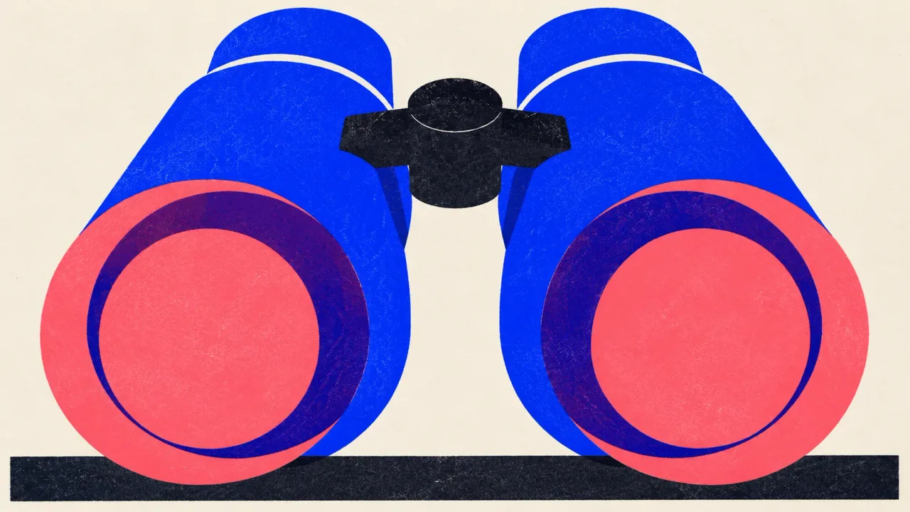 Illustration of a large pair of binoculars resting on a flat baseline.
