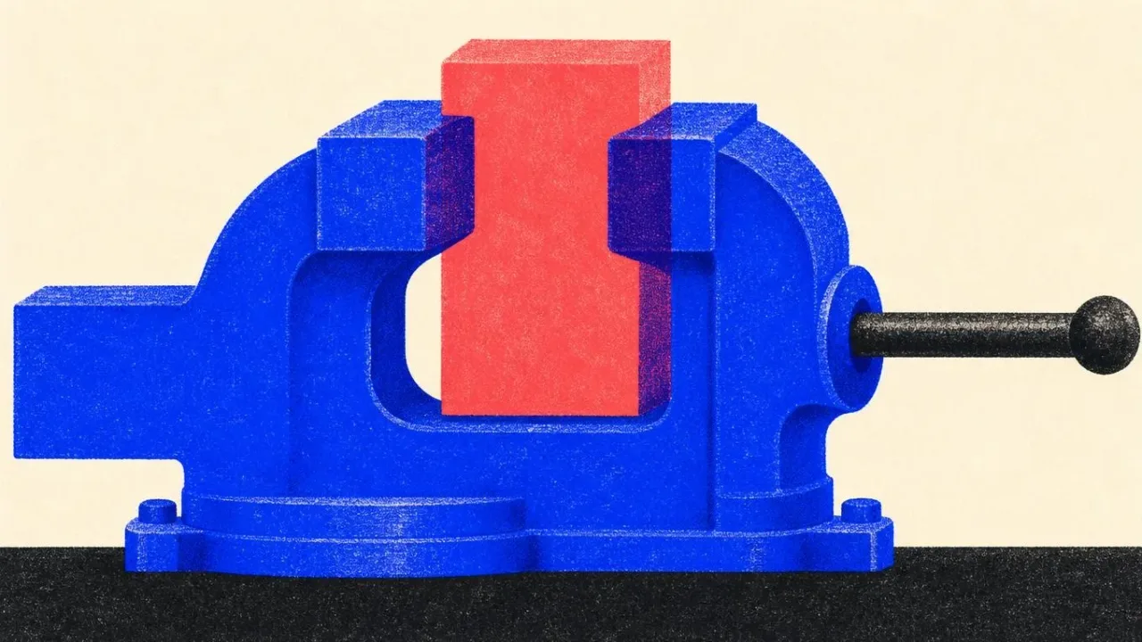 Illustration of a heavy bench vise with its jaws clamped tight around a single block.