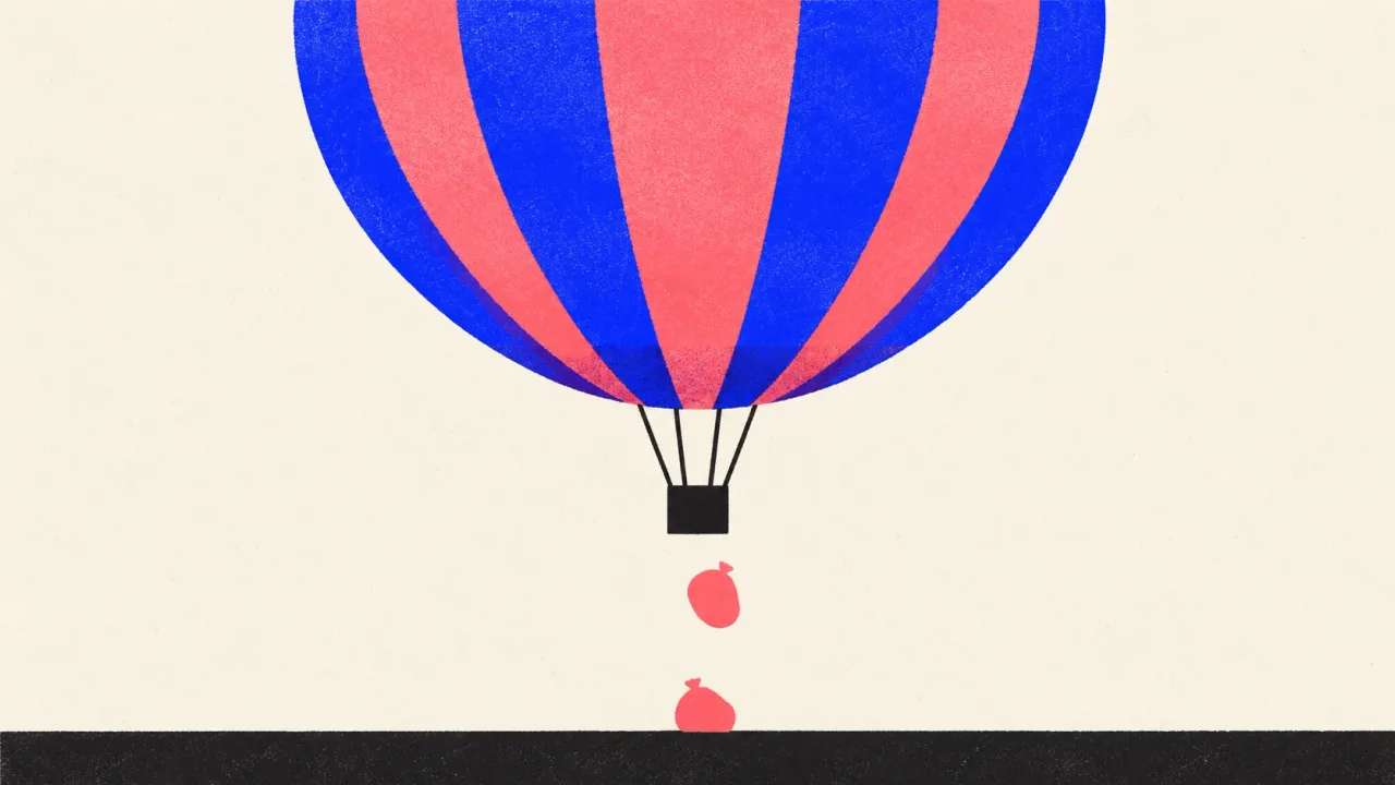 Illustration of a hot air balloon rising as two sandbags drop away from its basket to the ground.