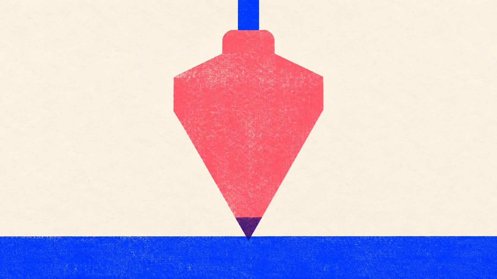 Illustration of a heavy plumb bob hanging from a thick cord and stopping just above a flat baseline slab.
