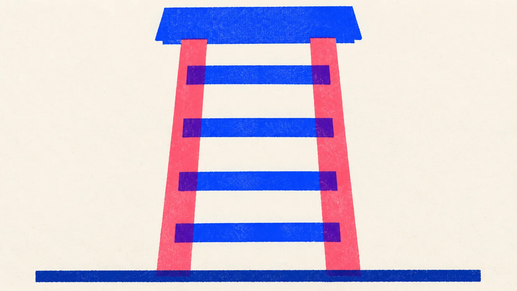 Illustration of a tall ladder frame standing on a heavy baseline with four thick rungs and a flat panel resting on the top rung.