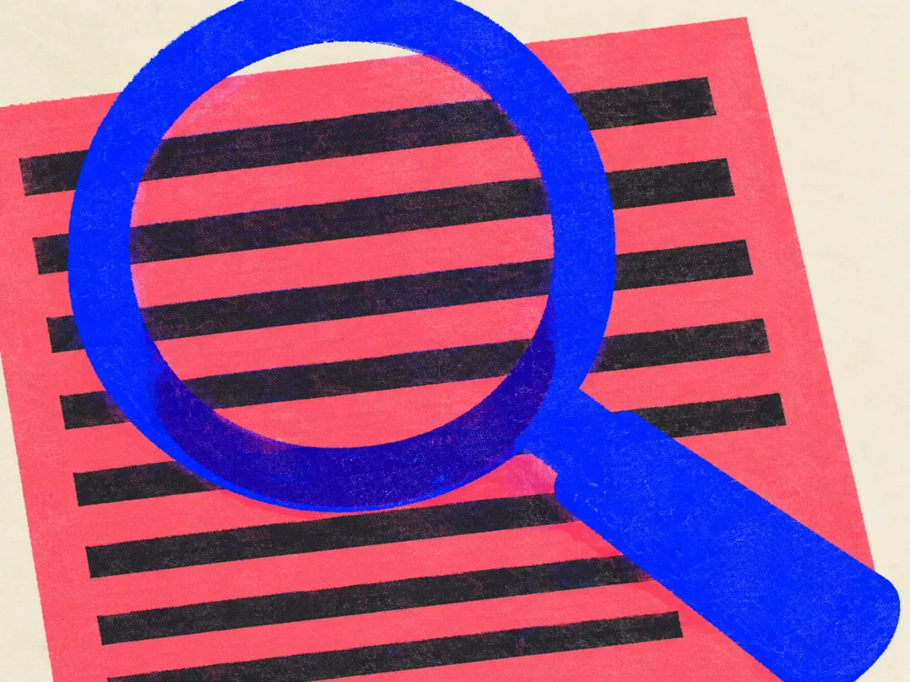 Diagram of an oversized magnifying lens on a heavy handle held over a wide page plate ruled with thick lines.
