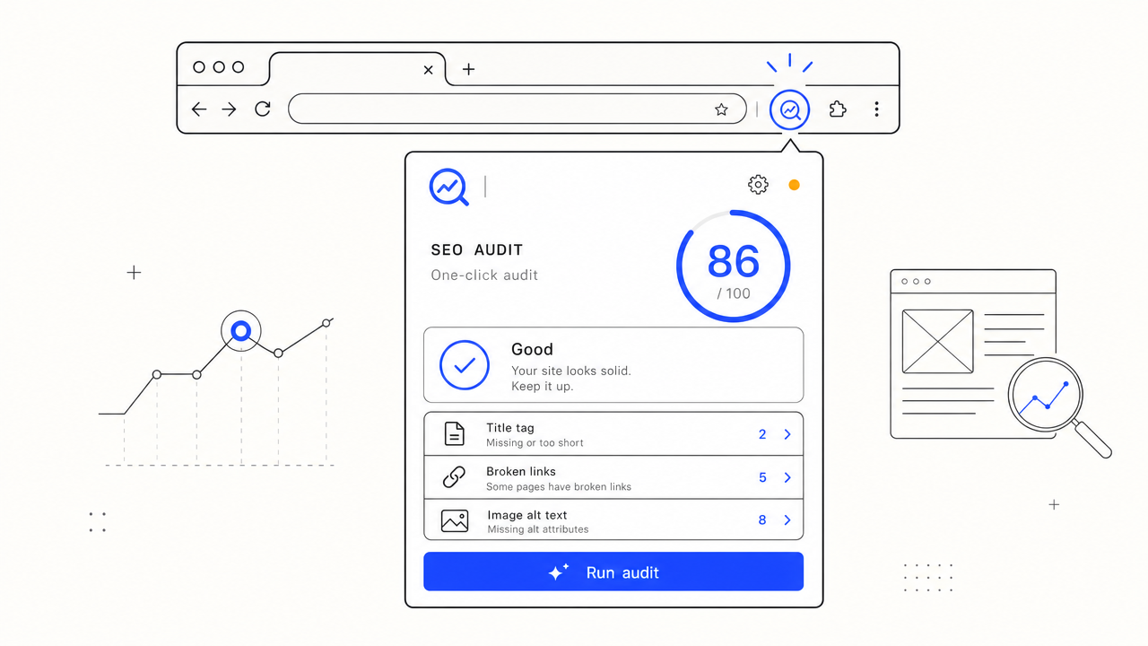 Illustration of an article page being audited inside a Chrome tab, with the audit verdict surfacing in the toolbar popup and no outbound network arrow.