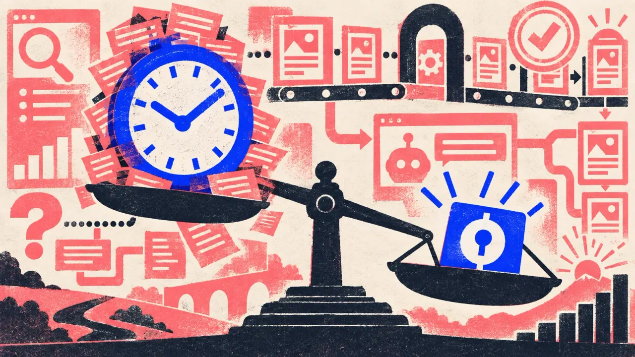 Illustration of a beam scale weighing a stack of hourly invoices and a clock against a single flat price tile that outweighs them.