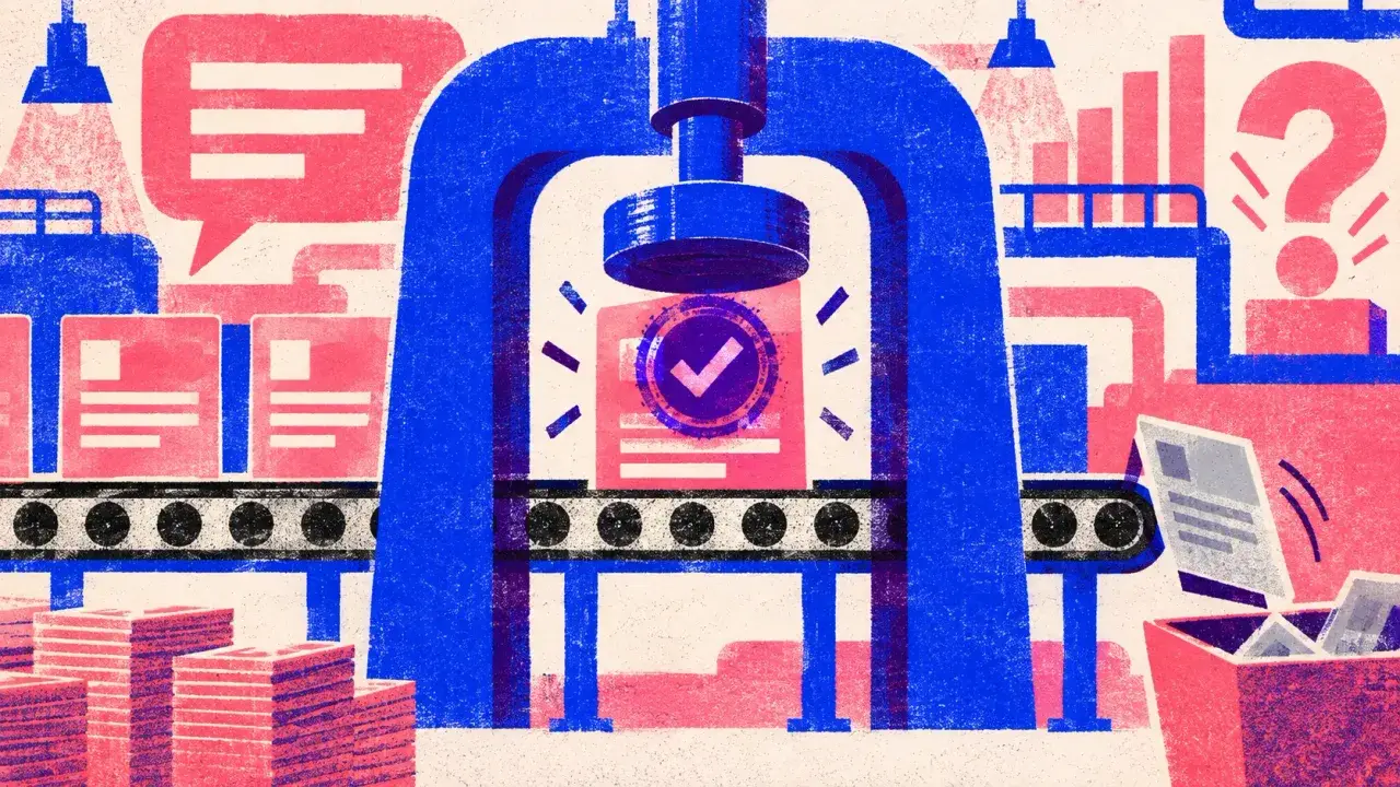 Illustration of a press stamping an approval seal onto an article card on a conveyor while a rejected draft drops into a bin.